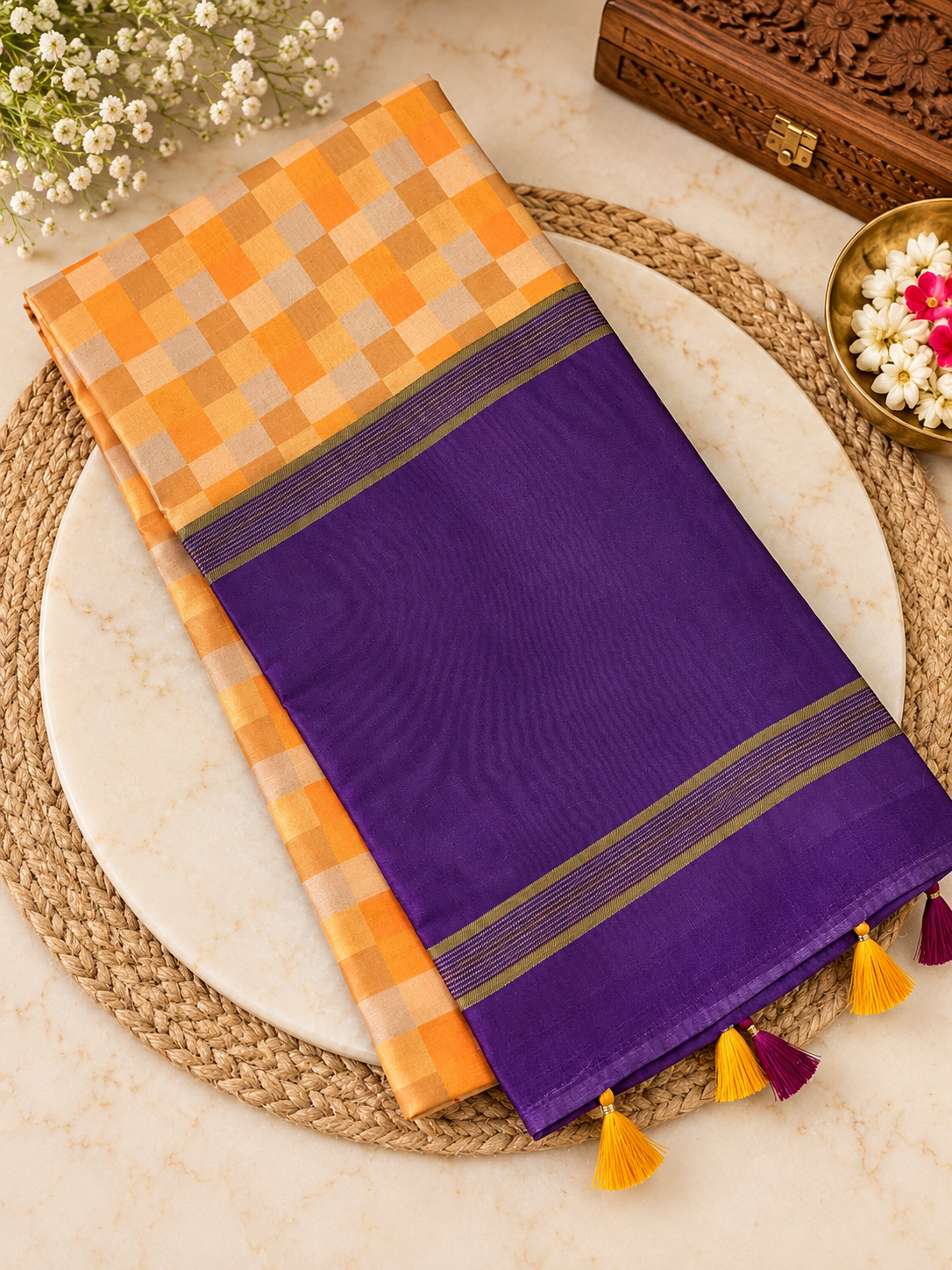 Traditional Soft Tussar Silk Saree with Elegant Pallu & Tassels