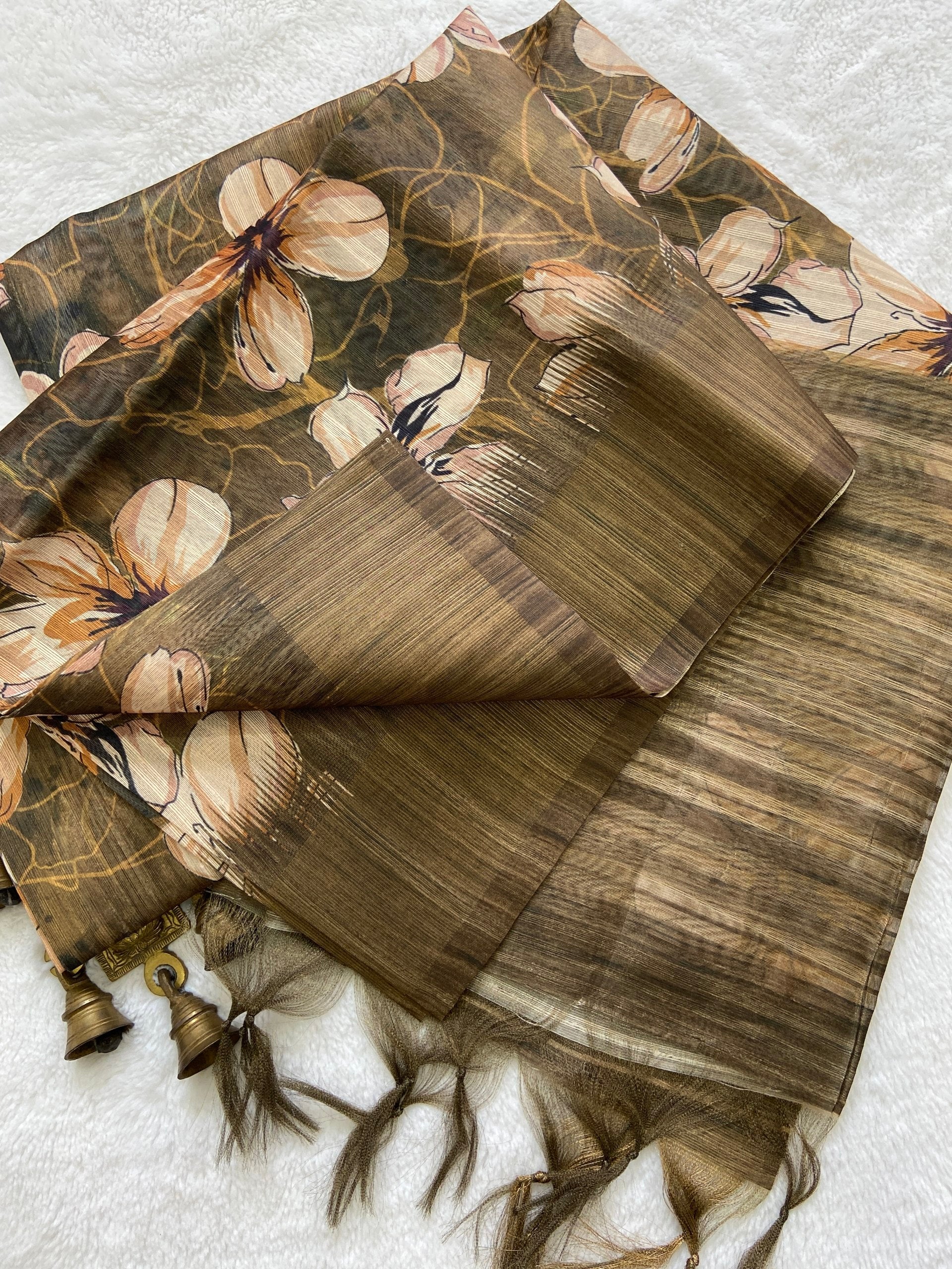 Beautiful Coffee Brown Floral Prints Soft Tussar Silk Saree with Tassel Pallu