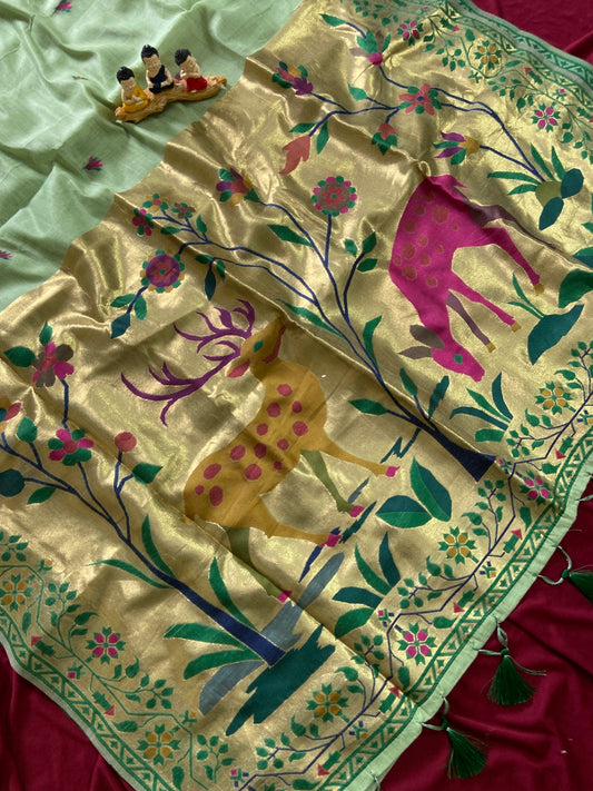 New Designer Muga Cotton Paithani Saree with Woven Deer Motif