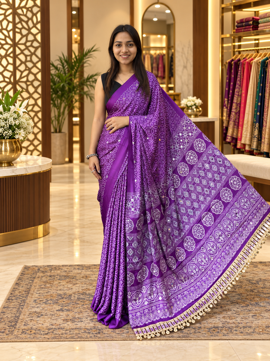 Imperial Purple Premium Gajji Silk Saree with Exquisite Mirror Work & Tassels