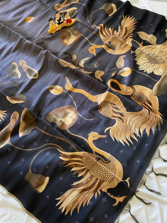 Classic Black Soft Tussar Silk Saree with Crane and Lotus Print
