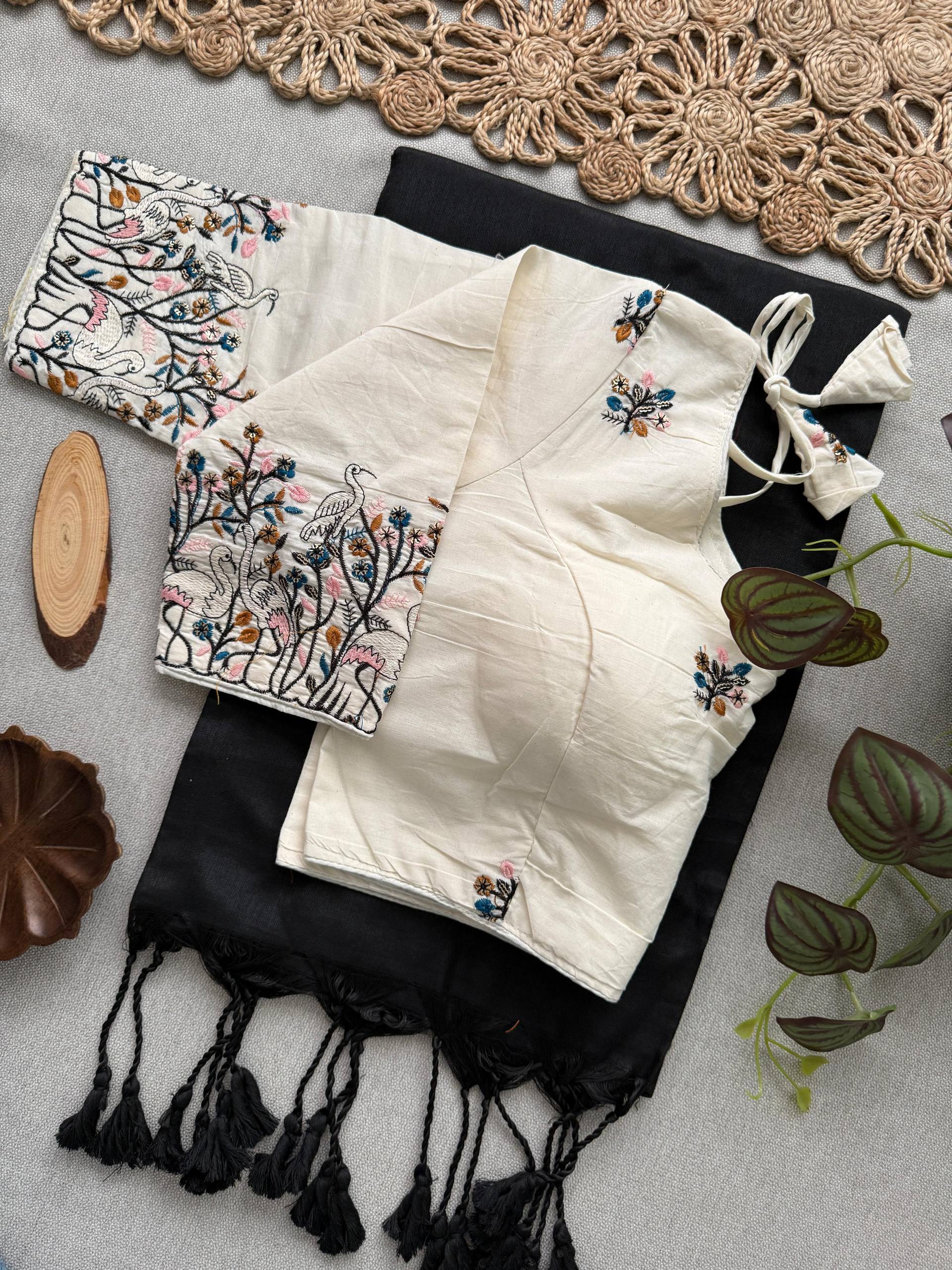 Slavia - Black Handloom Cotton Saree With Havy Embroidery Work Stitched Blouse