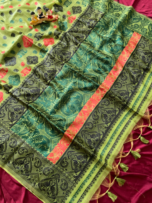 Traditional Mehendi Green Premium Soft Muga Cotton Woven Saree