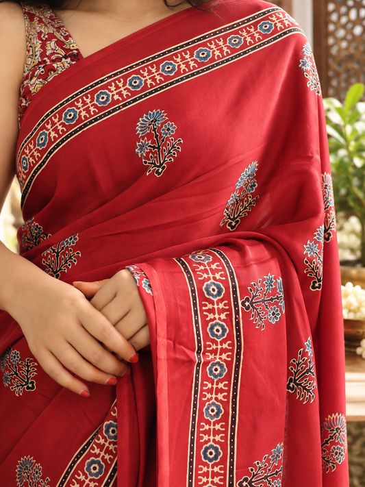 Beautiful Hand-Block Printed Crimson Red Ajrakh Modal Silk Saree