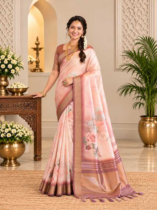 Traditional Peach Soft Tissue Silk Saree with Floral Digital Prints