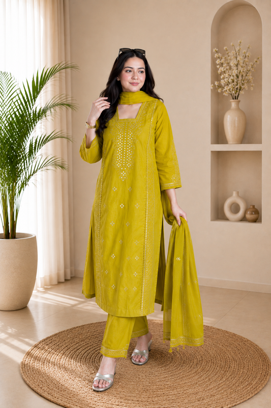 Festive Trendy Yallow Roman Silk Embroidered Suit Set