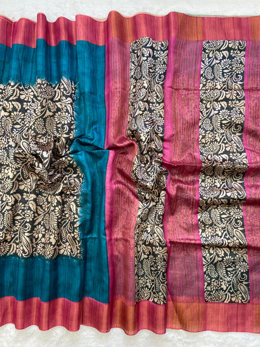 Royal Teal Soft Tussar Silk Saree with Kalamkari Block Prints