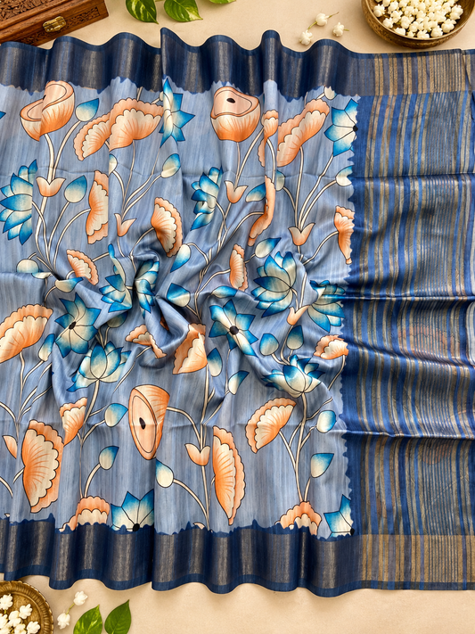 Trendy Slate Blue Soft Tussar Silk Saree With Modern Floral Print