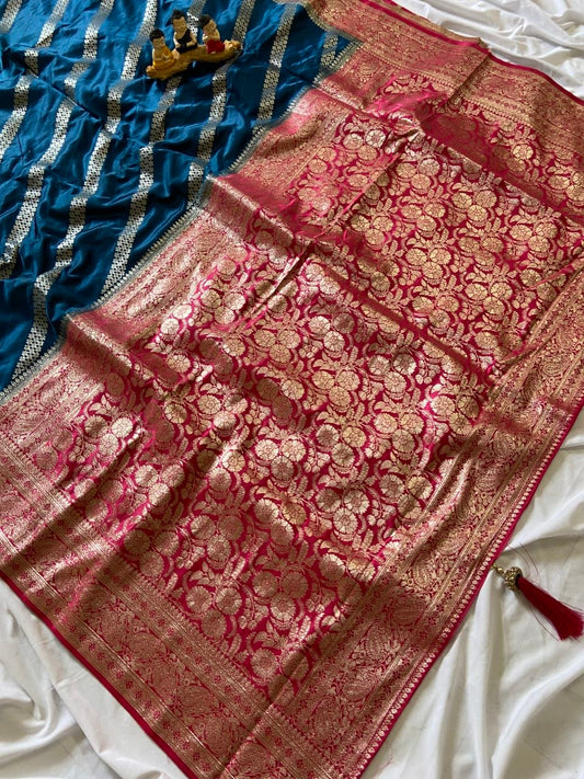Aavisha - Peacock Blue & Red Pure Banarasi Silk Saree with Rich Gold Zari Weaving