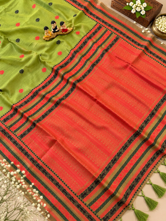 Premium Olive Green Soft Muga Cotton Saree with Traditional Border and Tassels