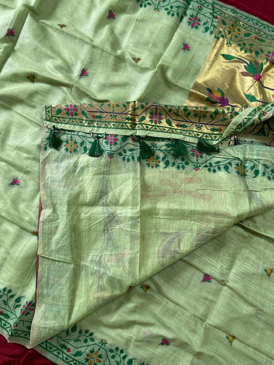 New Designer Muga Cotton Paithani Saree with Woven Deer Motif