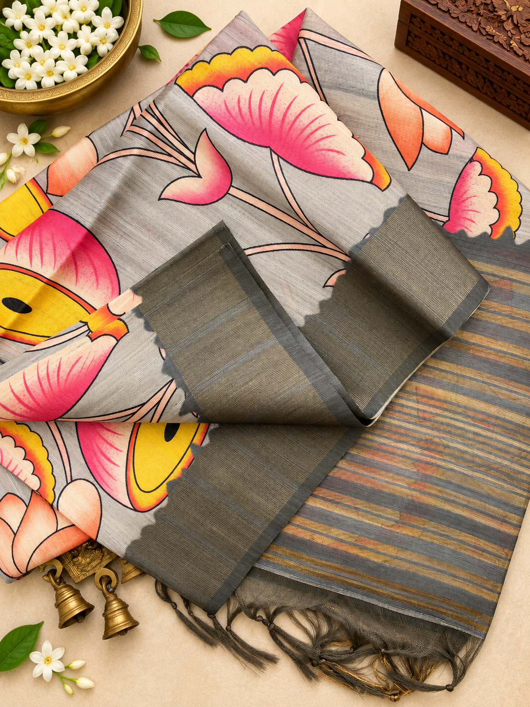 Premium Grey Soft Tussar Silk Saree with Modern Floral Print