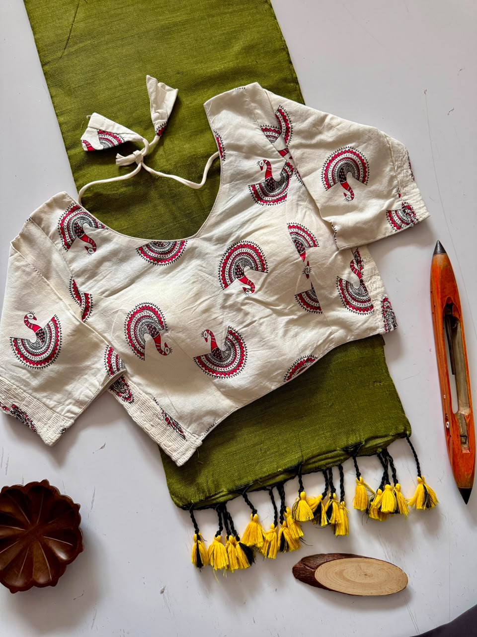 Artisanal Green Handloom Saree with Stiched Blouse