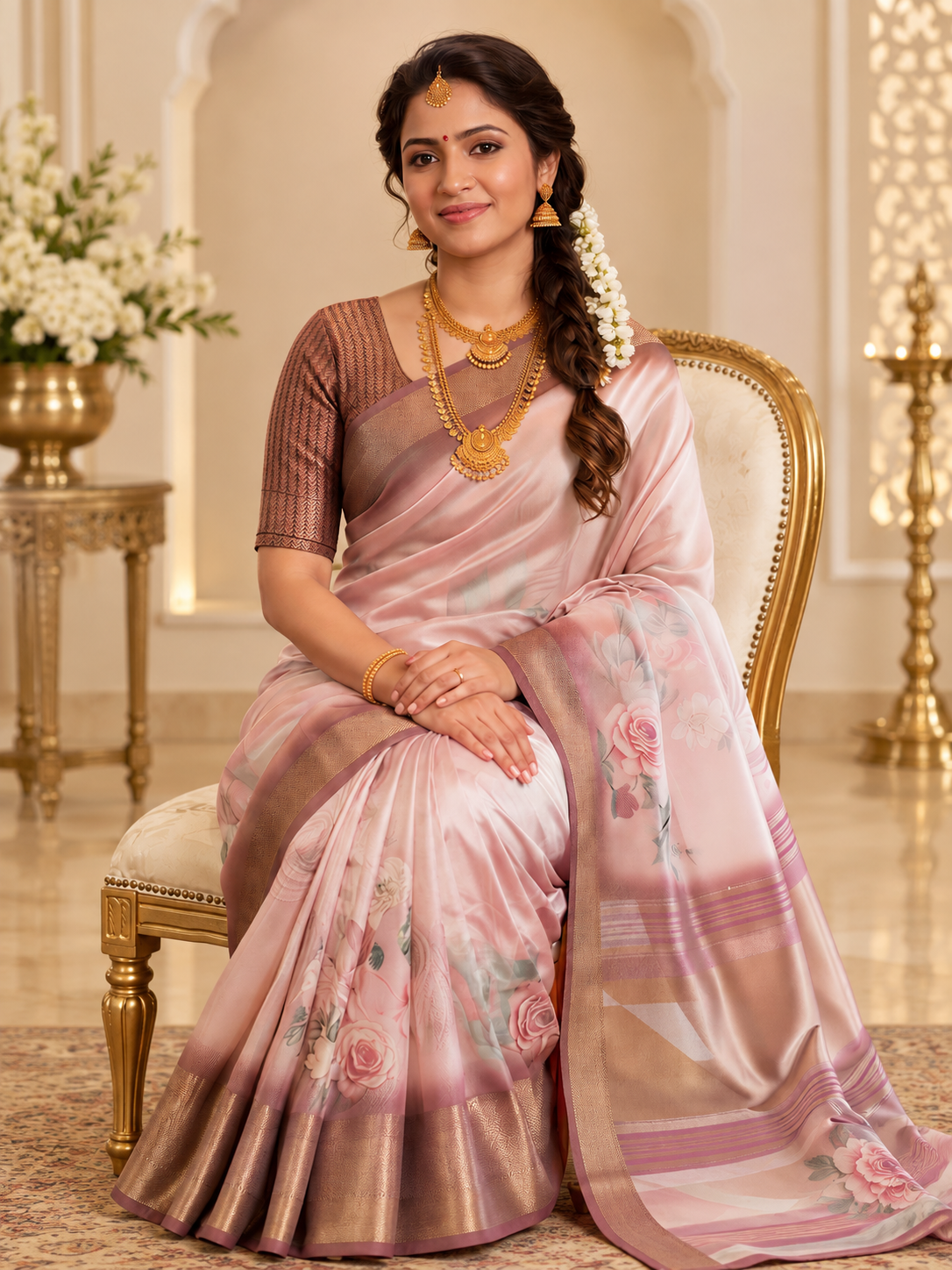 Traditional Peach Soft Tissue Silk Saree with Floral Digital Prints