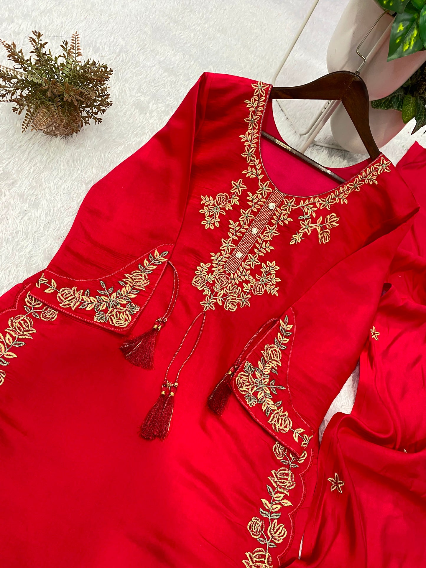 Elegant Red Embroidered Roman Silk Suit Set with Dupatta