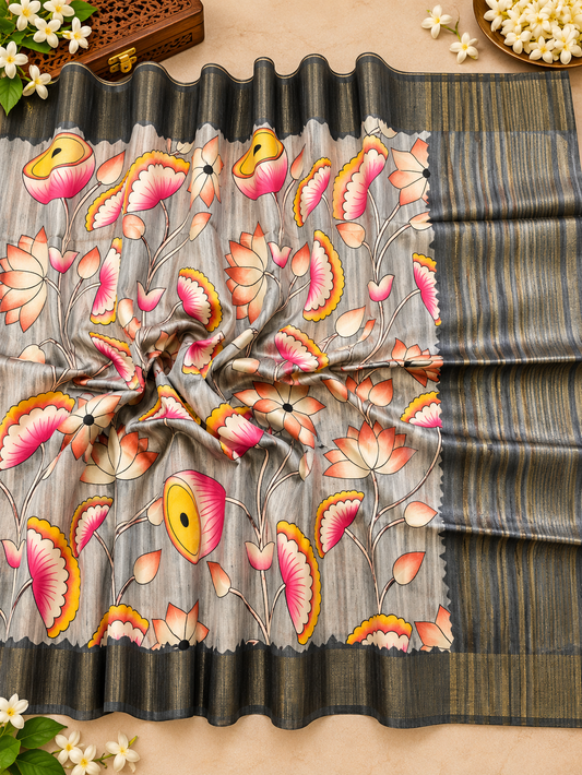 Premium Grey Soft Tussar Silk Saree with Modern Floral Print