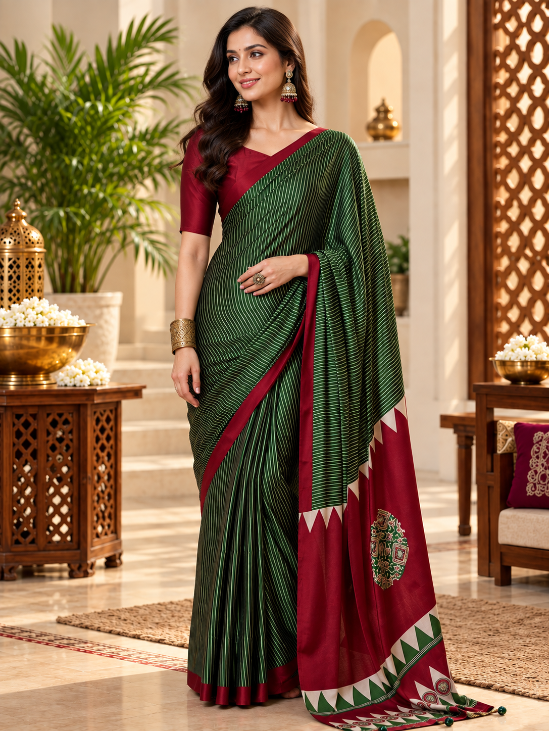 Premium Emerald Green Handcrafted Striped Modal Silk Saree