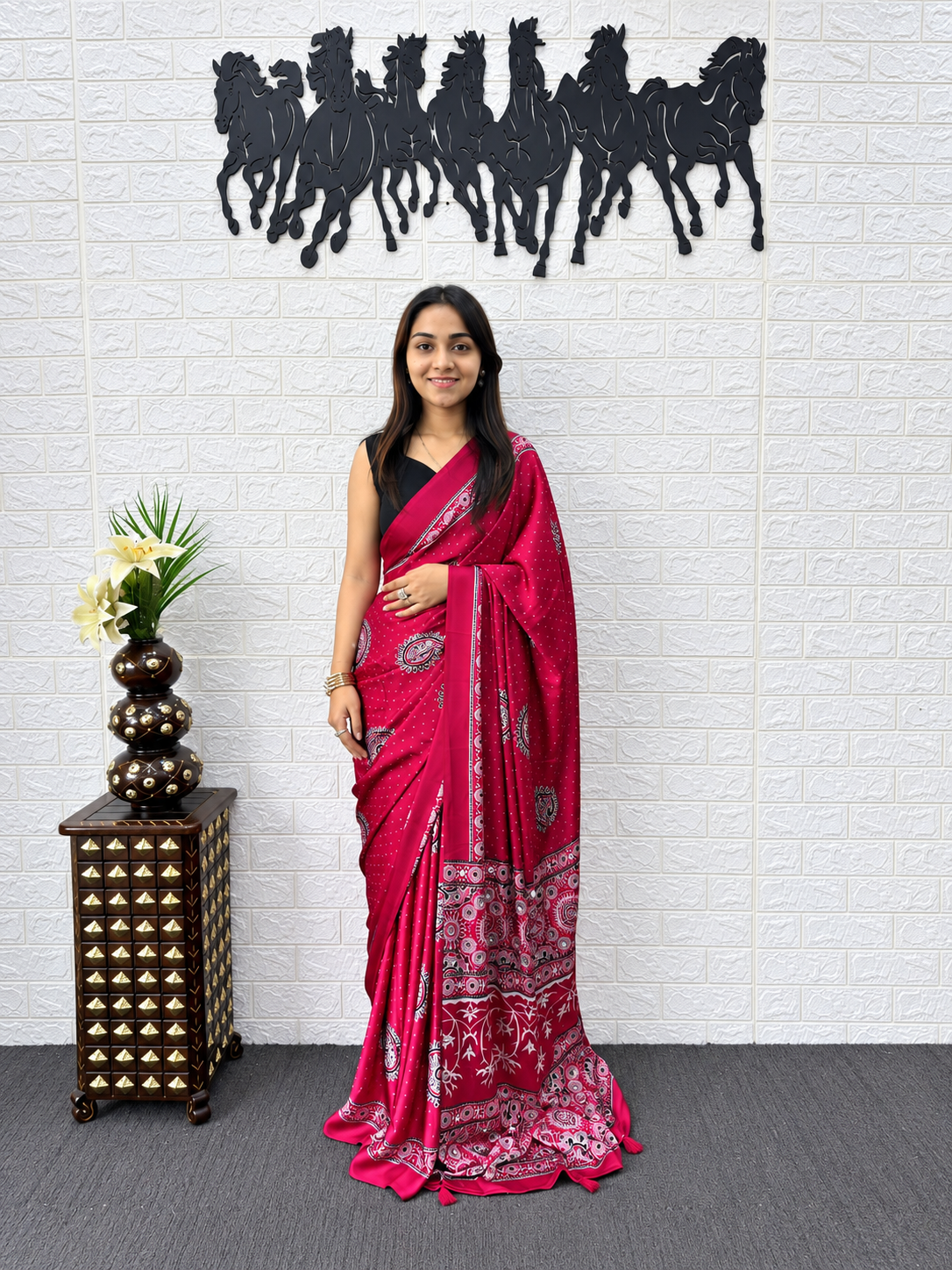 Awsome Rani Pink Ajrakh Printed Japan Silk Saree