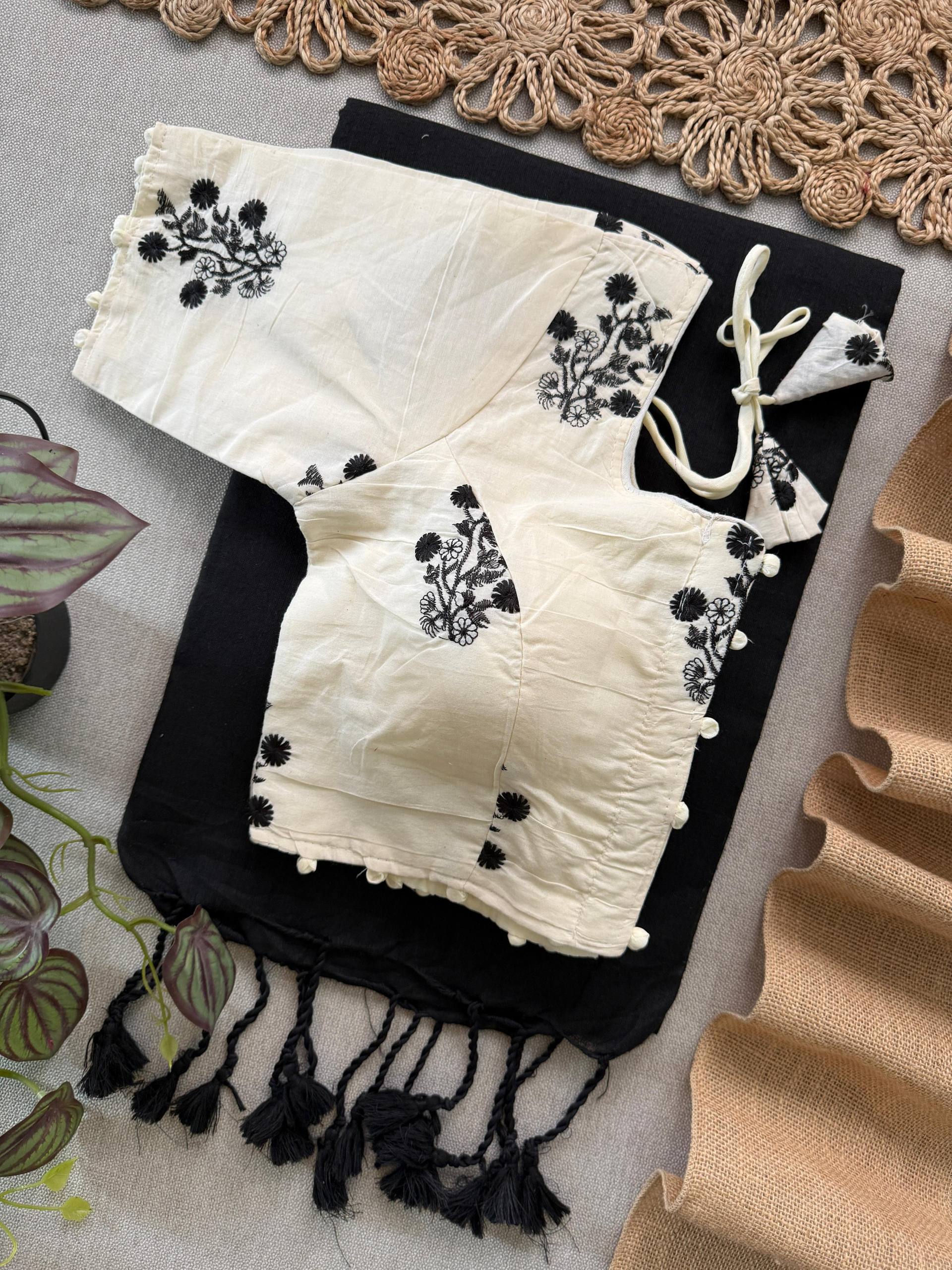 Attractive - Black Handloom Cotton Saree With Havy Embroidery Stitched Blouse