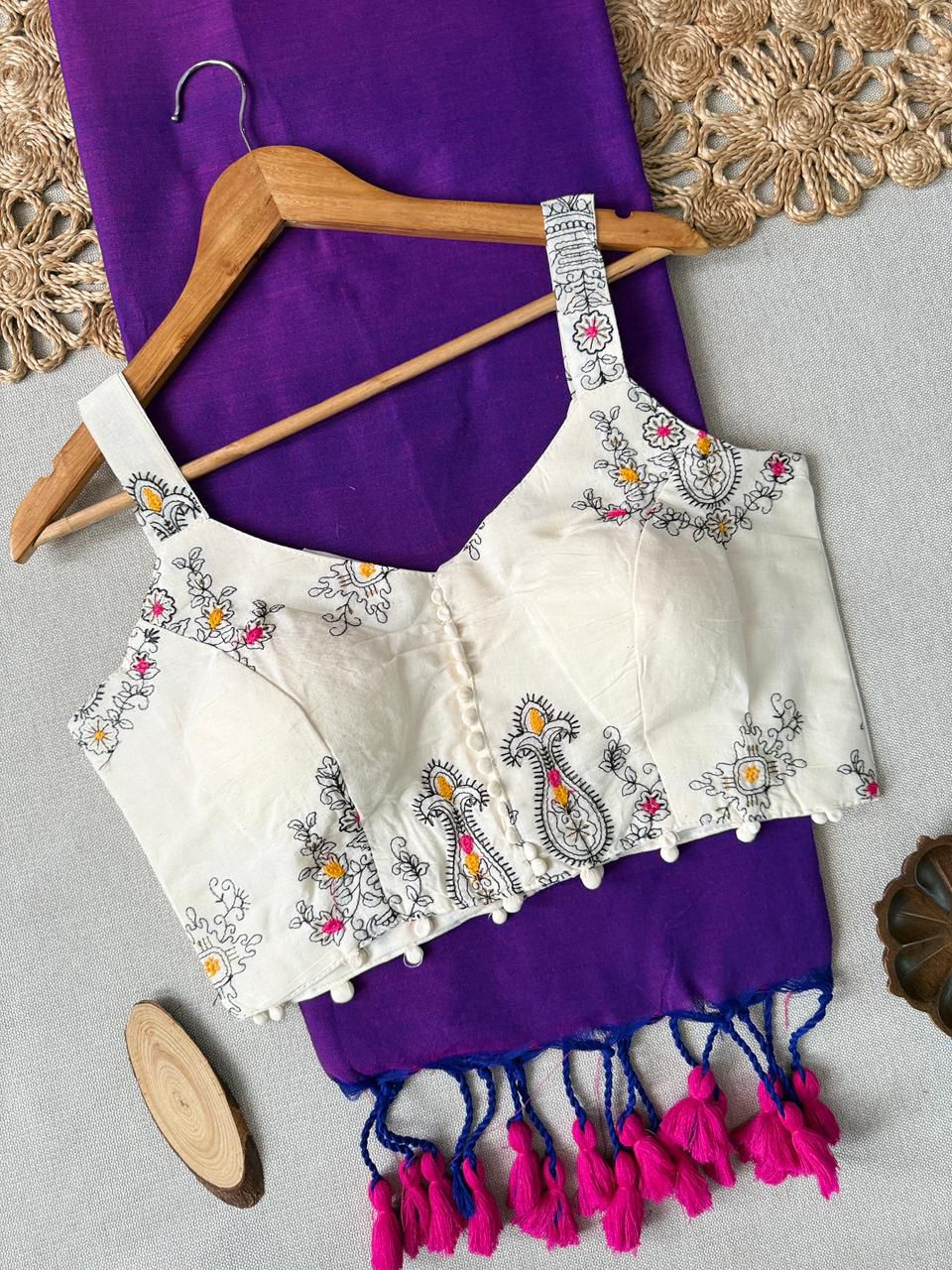 Dharma Exclusive - Lavender Handloom Cotton Saree With Havy Embroidery Stitched Blouse