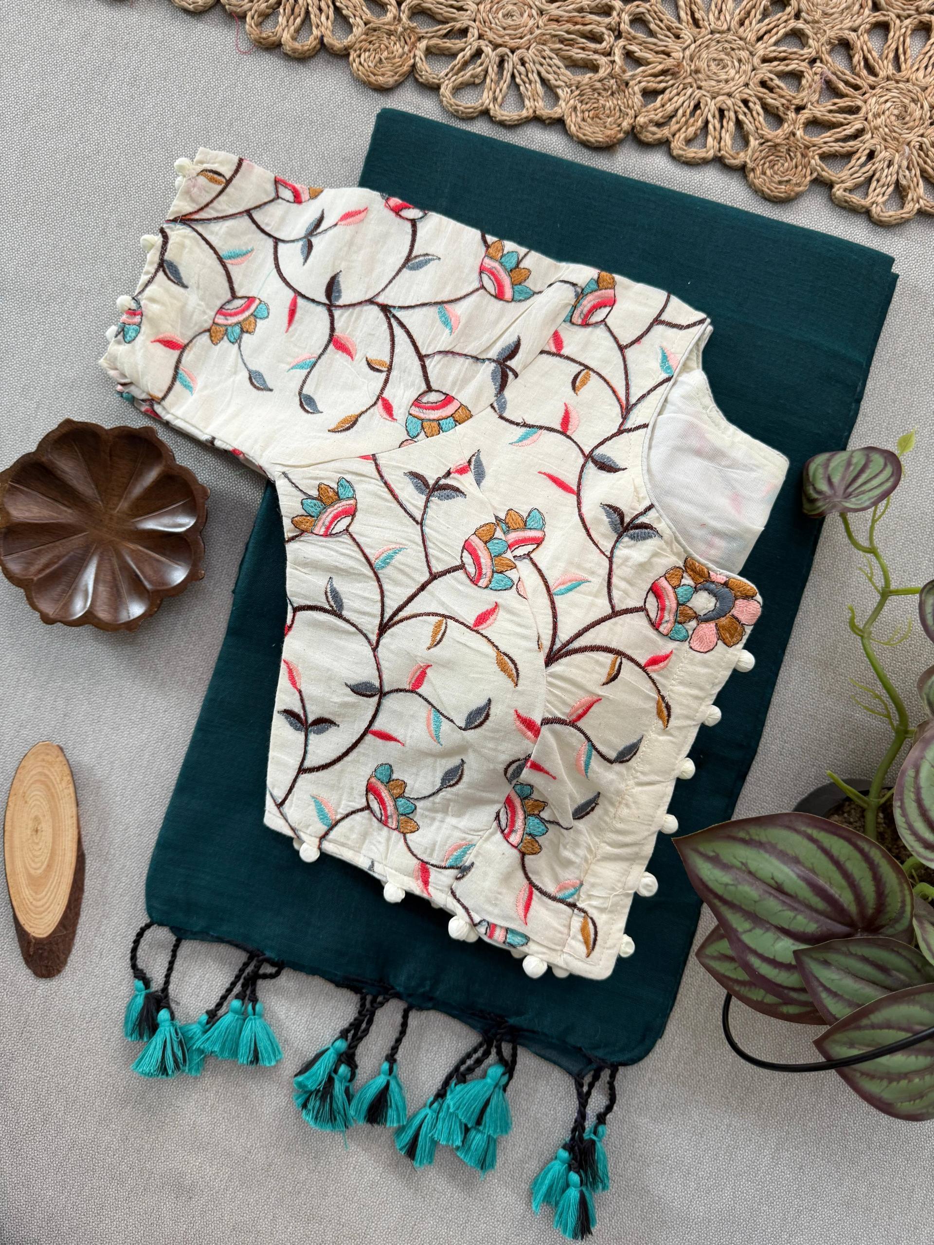 Rama Handloom Cotton Saree With Havy Embroidery Stitched Blouse