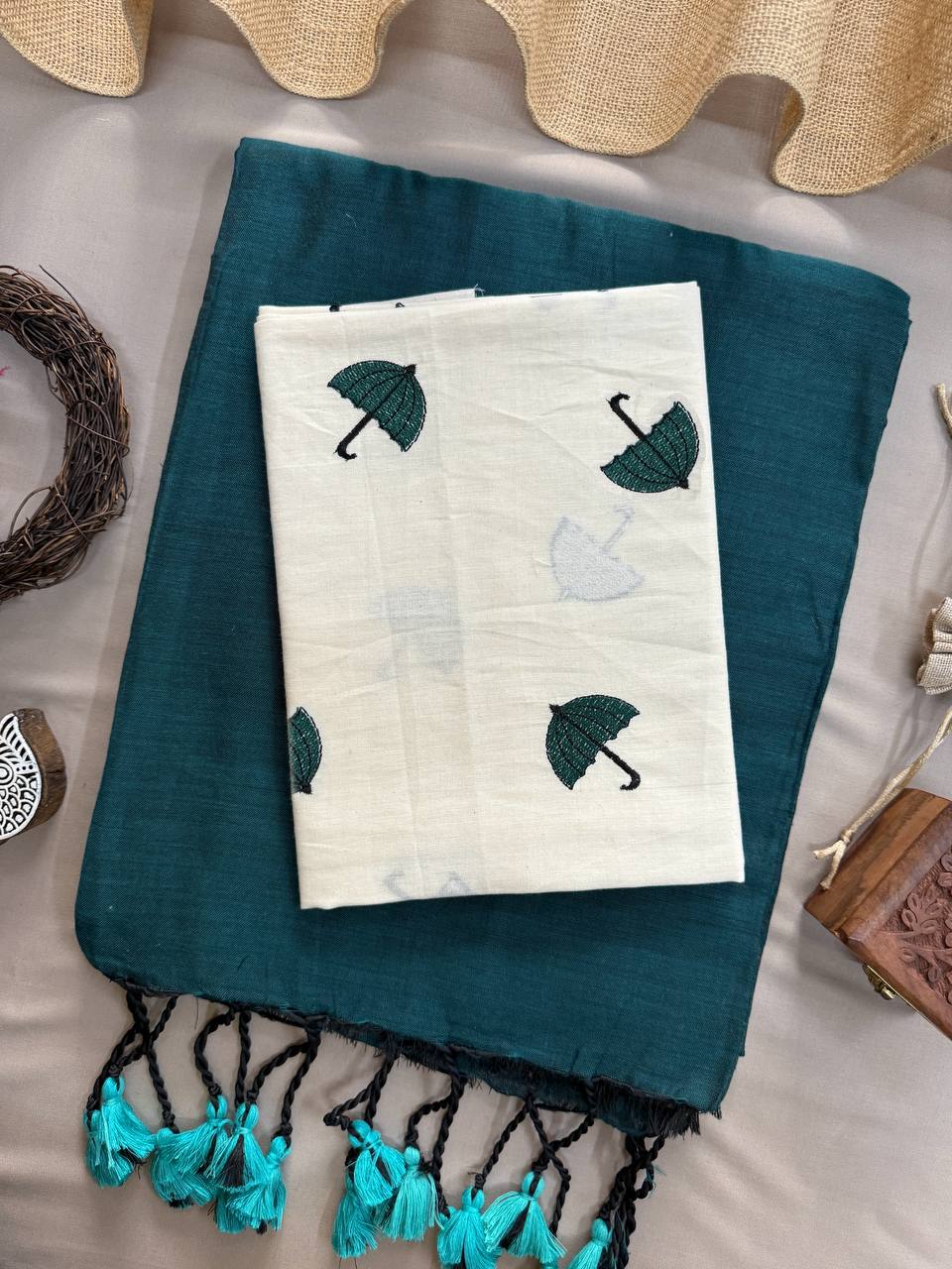 Rama Handloom Cotton Saree With Trandy Embroidery Blouse