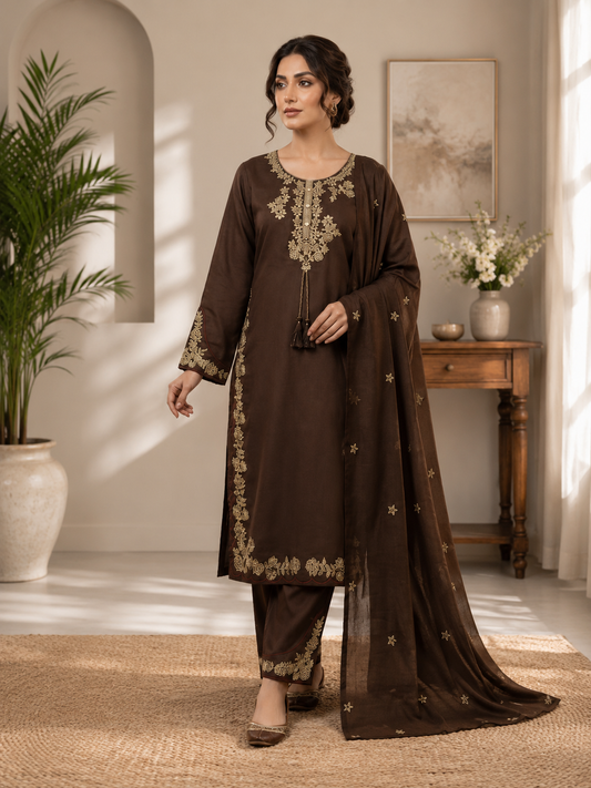 Elegant Brown Embroidered Roman Silk Suit Set with Dupatta