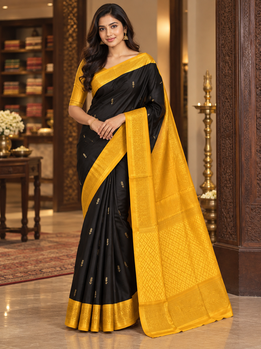 Elegant Black and Golden-Yellow Kanjivaram Style Silk Festive Saree