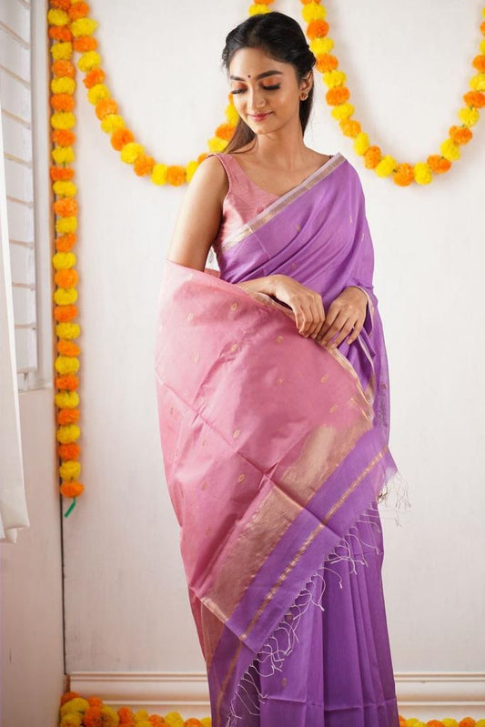 Beautiful Lavender Cotton Silk Saree With Marvellous Blouse Piece