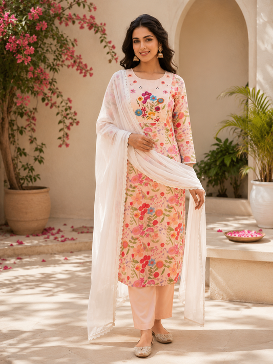 Catchy Peach Blossom Pure Linen Cotton Embroidered Suit Set