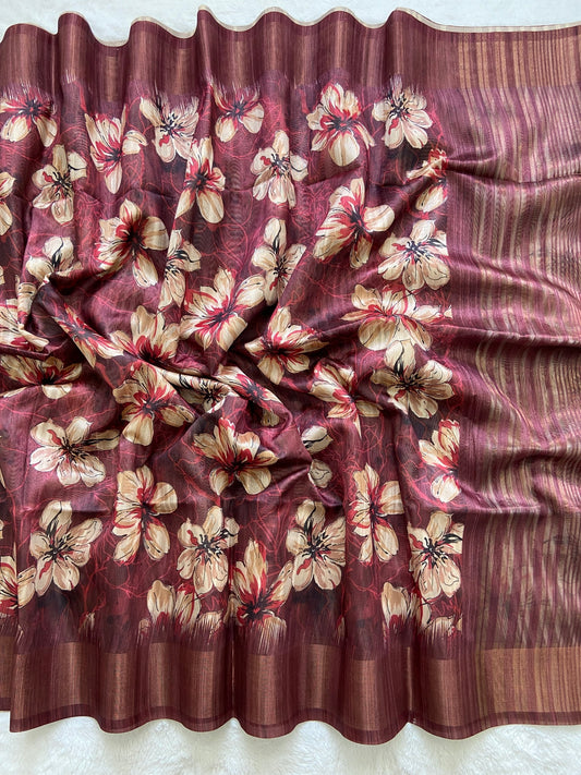 Elegant Maroon Floral Prints Soft Tussar Silk Saree with Tassel Pallu