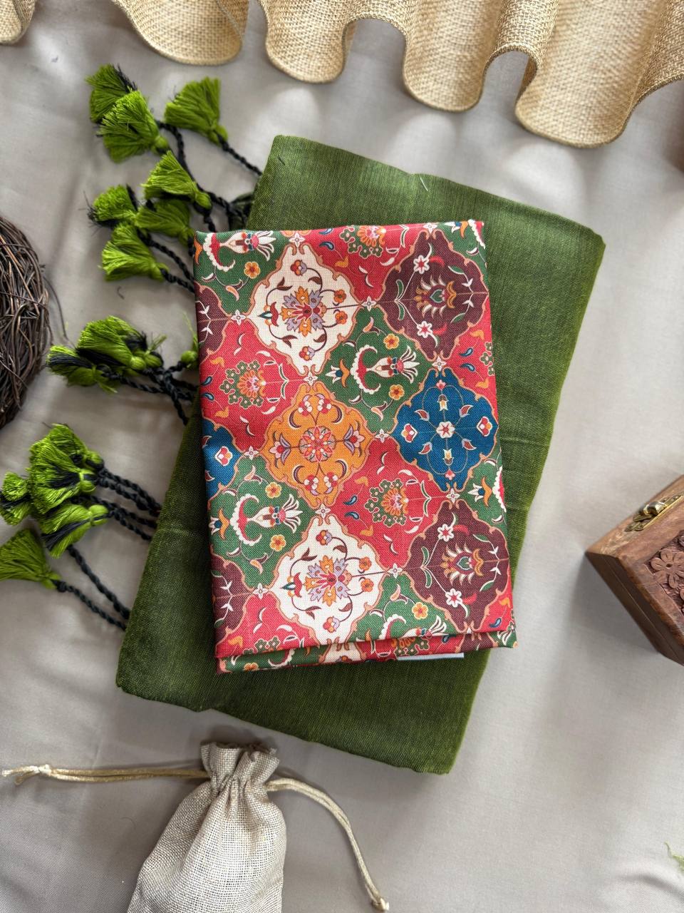 Attractive Mehndi Handloom Cotton Saree With Traditional Printed Blouse