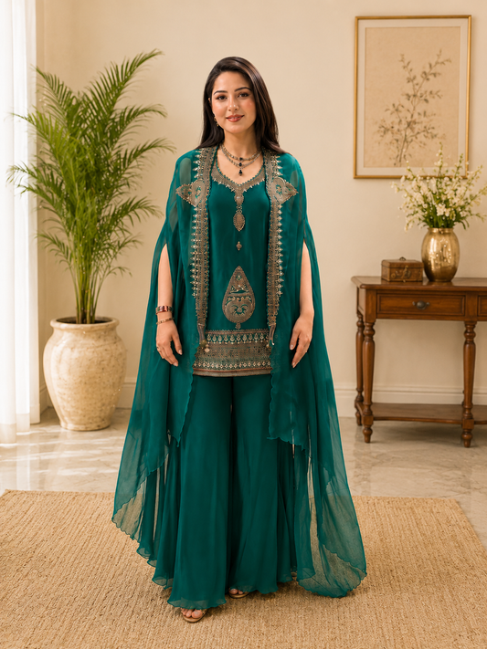 Emerald Green Rangoli Silk Indo-Western Set with Sequins Embroidered Cape Shrug