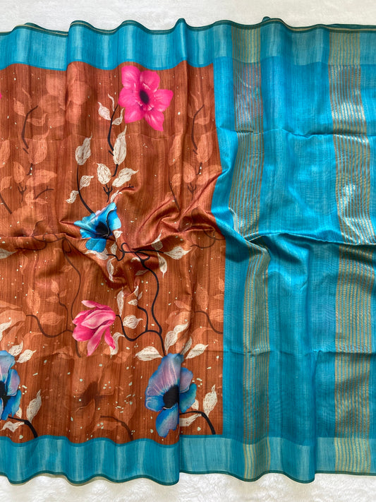 Vasundhara Rust-Turquoise Floral Print Soft Tussar Silk Saree