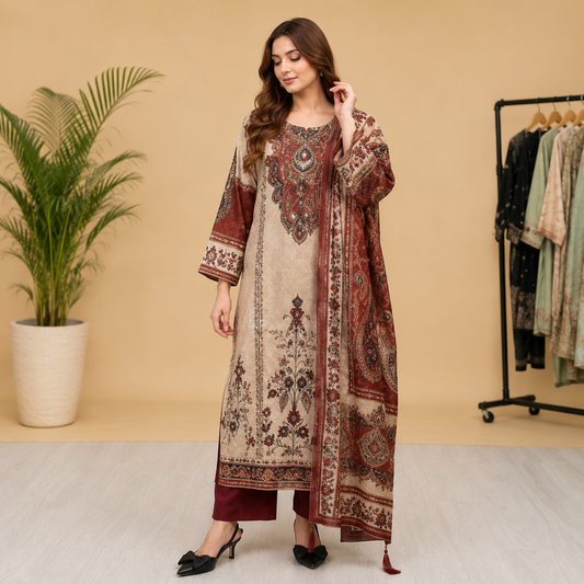 Very Attractive Beige and Maroon Printed Chinon Suit Set With Mirror Work