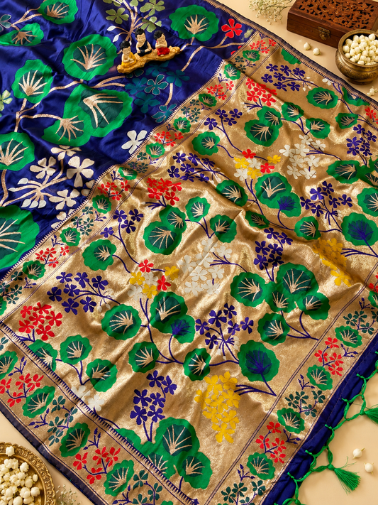 Luxury Royal Blue Soft Silk Saree with Floral Weaving and Tassels