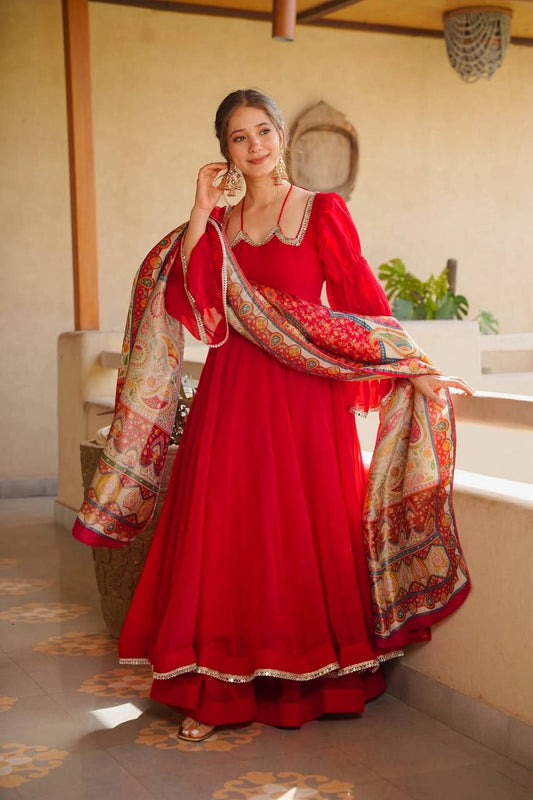 Premium Red Tabby Silk Anarkali Suit With Printed Dupatta