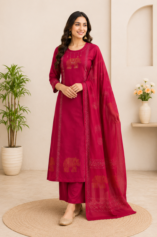 Very Beautiful Magenta Pure Cotton Suit Set With Real Mirror Work