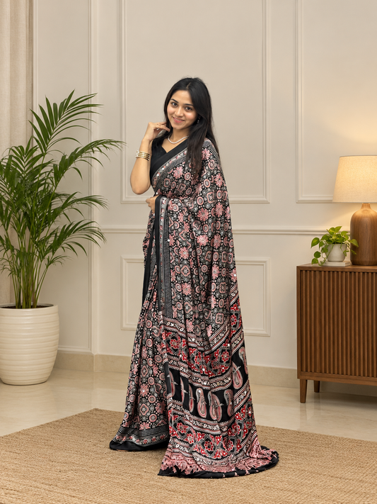 Premium Black Ajrakh Printed Japan Silk Saree with Elegant Pallu
