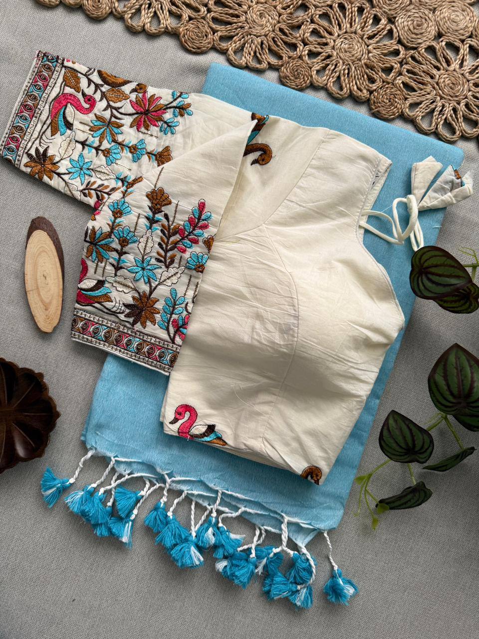 Beautiful- Sky Blue Handloom Cotton Saree With Havy Embroidery Work Stitched Blouse