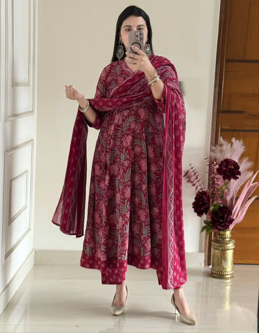 ELEGANT ANARKALI STYLE PURE COTTON SUIT SET