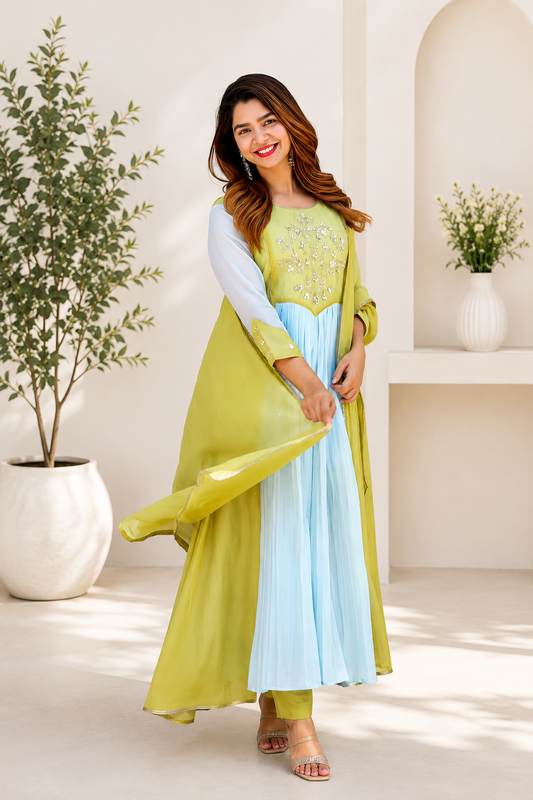 Designer Premium Lime Green & Pastel Blue Pure Mul Chanderi Embroidered Suit Set