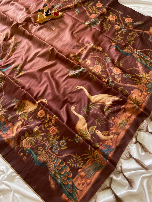 Premium Copper Brown Crane Print Soft Tussar Silk Saree