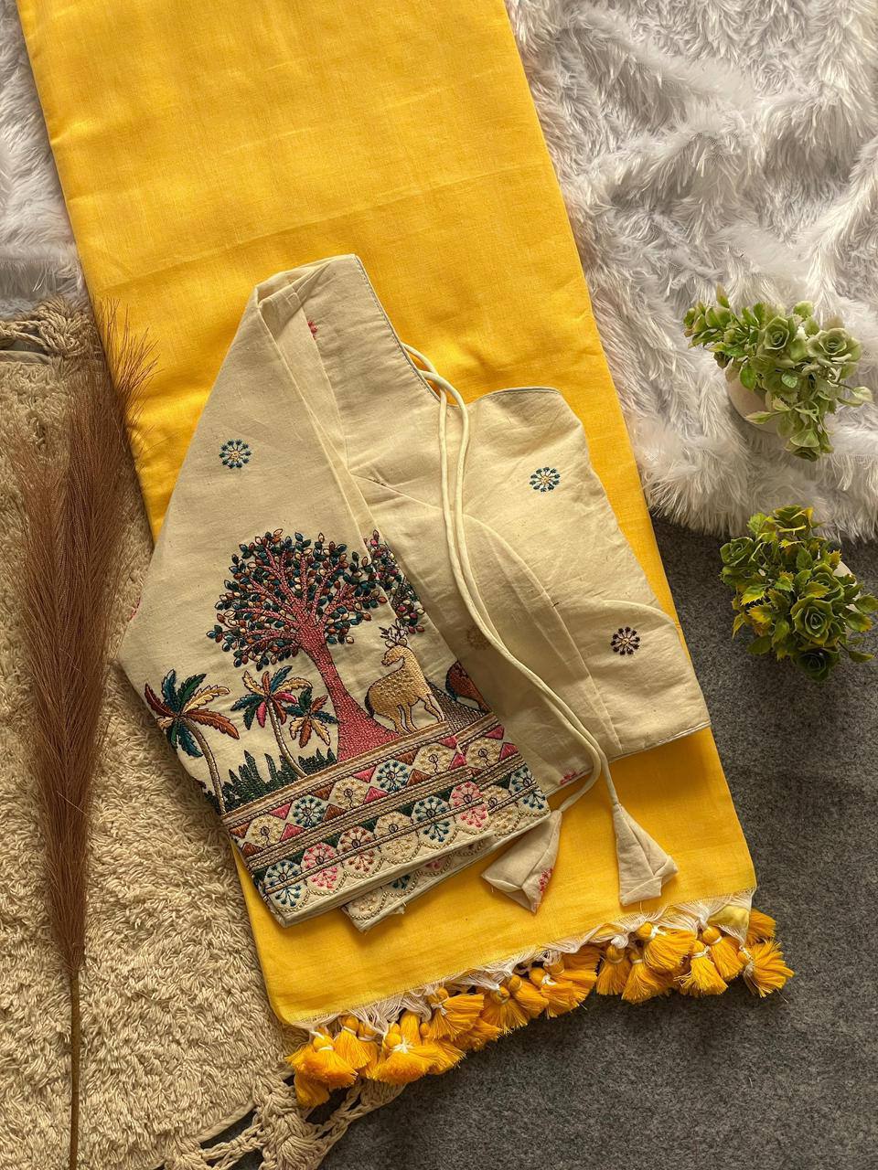 Yellow Handloom Cotton Saree With Havy Embroidery Stitched Blouse