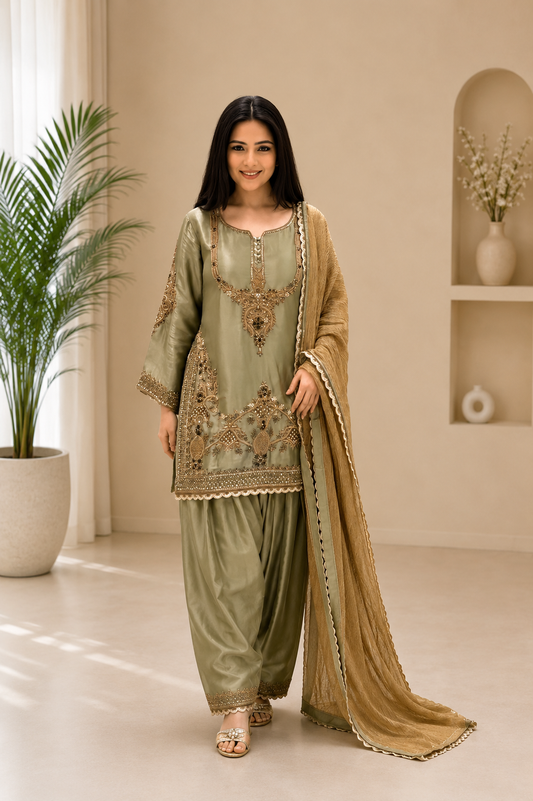 Premium Designer Sage Green Glass Satin Punjabi Salwar Suit Set