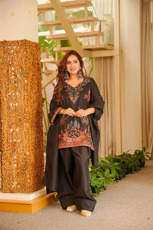 Very Attractive Jet Black Roman Silk Printed Salwar Suit Set