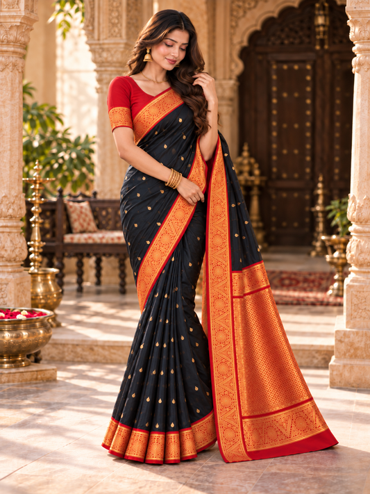 Traditional Black Kanjivaram Style Silk Festive Saree