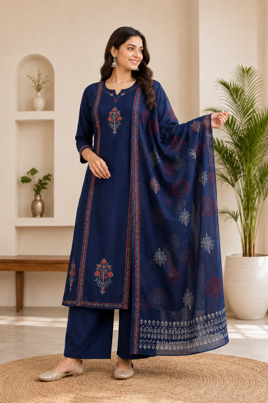 Very Attractive Blue Pure Cotton Hand Block Print Suit Set