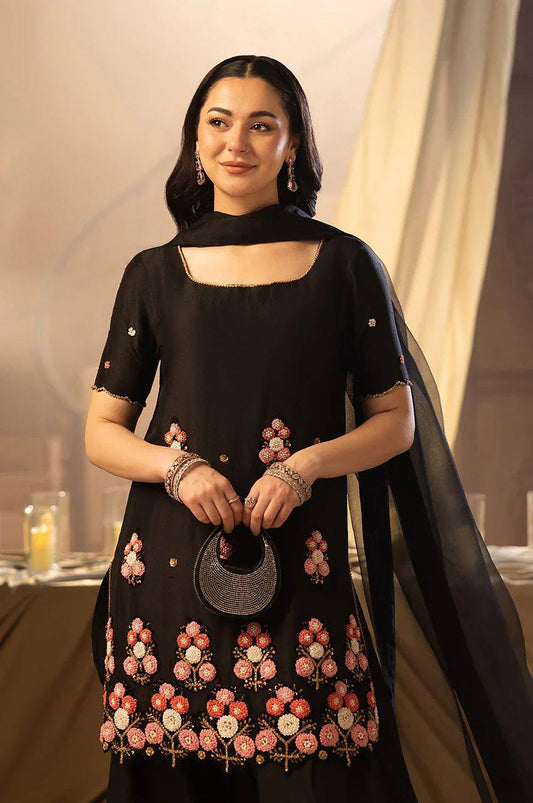Elegant Black Crape Silk Embroidered Sharara Suit Set with Organza Dupatta