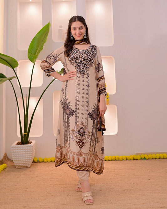 Dazzling Beige & Black Printed Pure Muslin Suit Set with Real Mirror Work